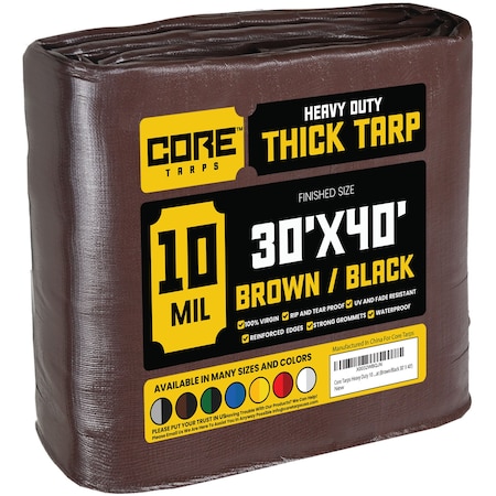 Core Tarps Heavy Duty Tarp, 40 ft L x 0.5 mm H x 30 ft W, 10 Mil, Brown/Black, Polyethylene CT-602-30X40